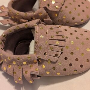 Pink and Gold Fringe Moccasins with Polka Dots
